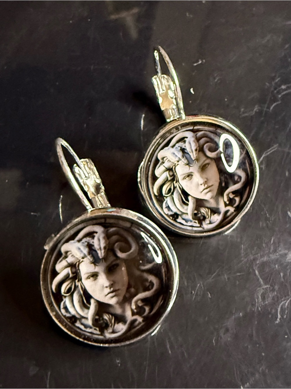 Medusa Portrait Round Drop Earrings in Silver-Tone